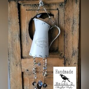 Sun Sweeper - White Tin Vase W spoons, glass Beads Hand Crafted